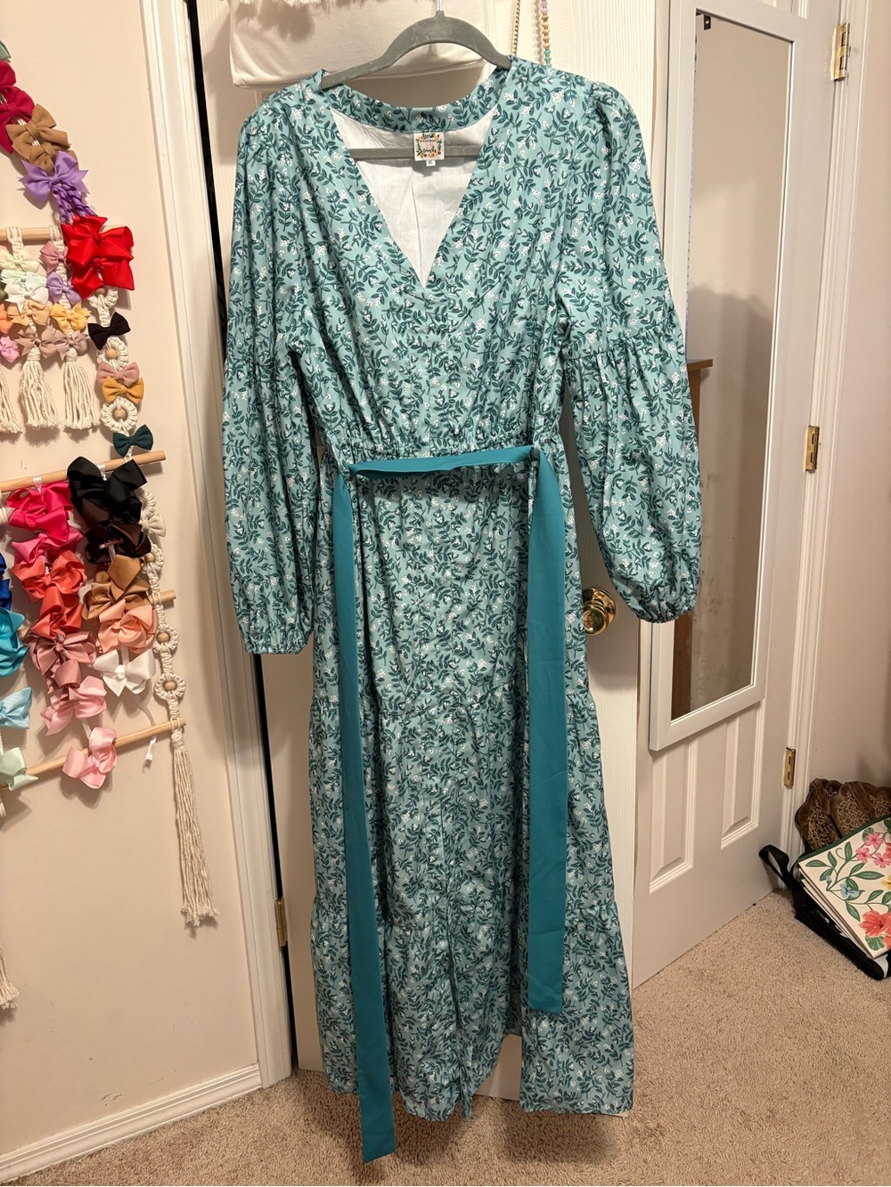Light Teal Floral Wrap Maxi Dress with Belt